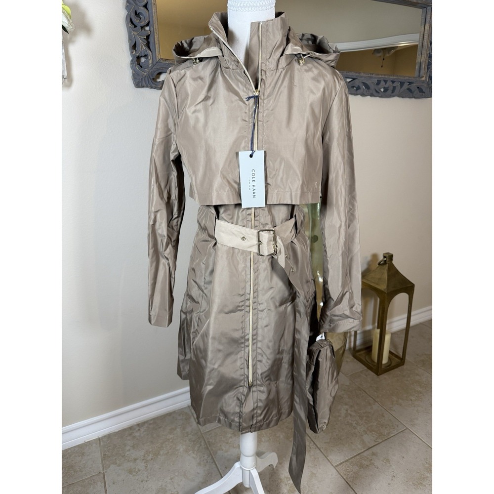 Cole Haan Signature Packable Hooded Rain Jacket S Champagne Belted NWT Flawed